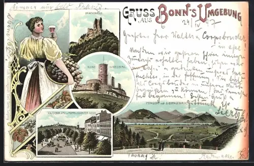 Lithographie Bonn, Drachenfels, Ruine Godesburg, Kaiserplatz mit Poppelsdorfer Allee, Fernsicht auf Siebengebirge