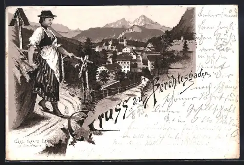 Lithographie Berchtesgaden, Ortsansicht mit Bergpanorama