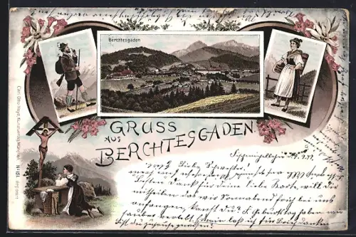 Lithographie Berchtesgaden, Panorama, Wegekreuz