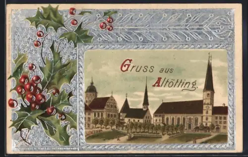 Künstler-AK Altötting, Blick zur Kirche, Stechpalmenzweig