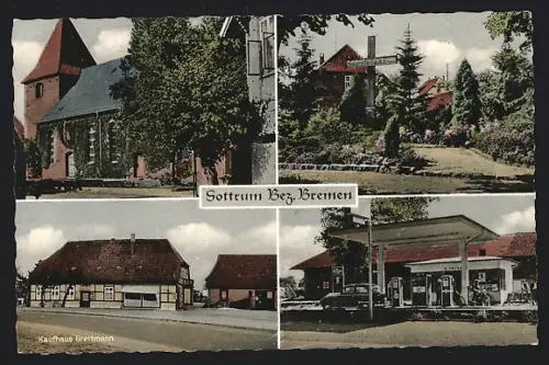 AK Sottrum /Bremen, Kirche, Kaufhaus Brettmann, Tankstelle