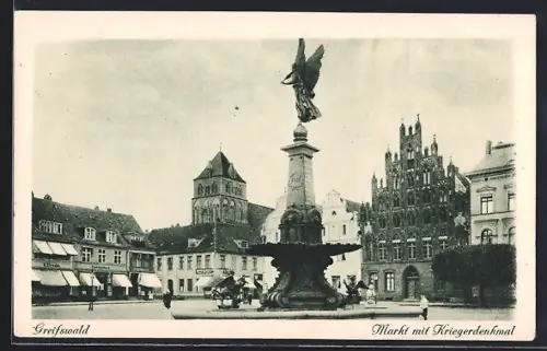 AK Greifswald, Markt mit Kriegerdenkmal