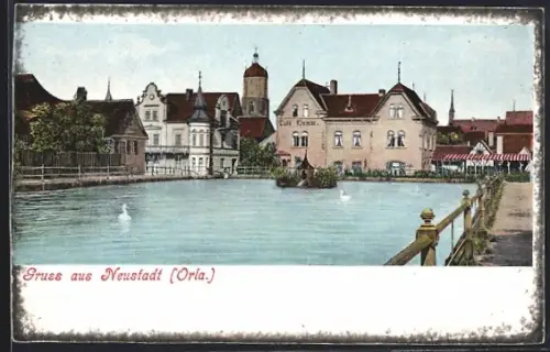 AK Neustadt /Orla, Café Klemm, Teich, Stadtansicht
