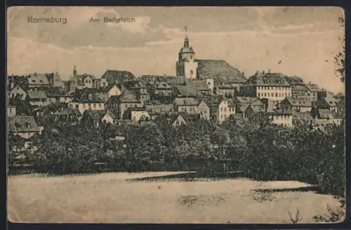 AK Ronneburg / Thüringen, Am Baderteich, Stadtansicht mit Kirche