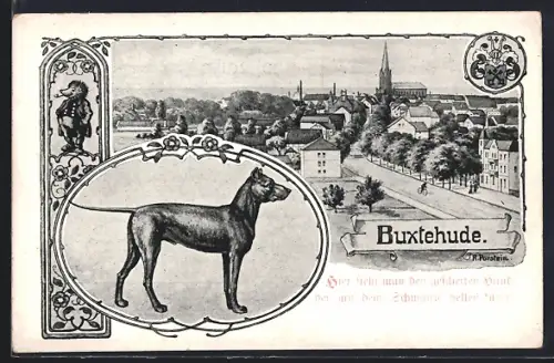 AK Buxtehude, Stadtansicht, Hund, Kirche