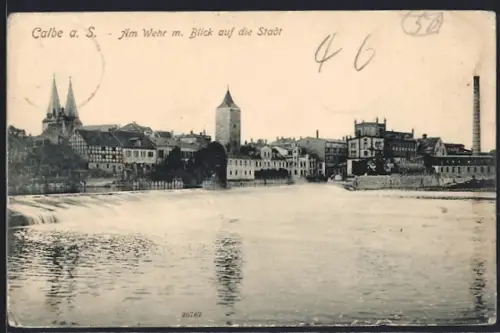 AK Calbe a. S., Am Wehr mit Blick auf die Stadt
