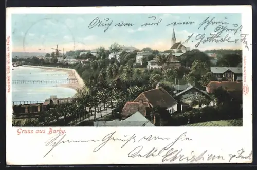 AK Borby, Ortsansicht mit Kirche und Uferpromenade