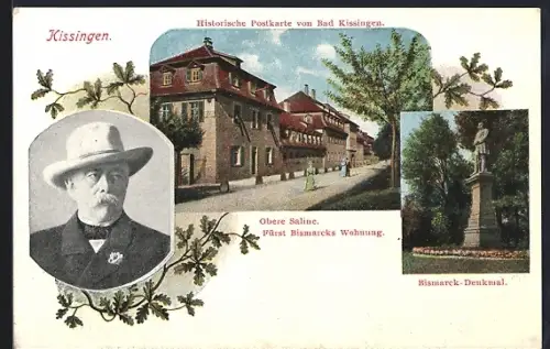 AK Bad Kissingen, Obere Saline, Fürst Bismarcks Wohnung, Bismarck-Denkmal
