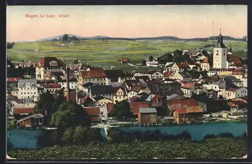 AK Regen im bayr. Wald, Stadtansicht, Kirche, Fluss