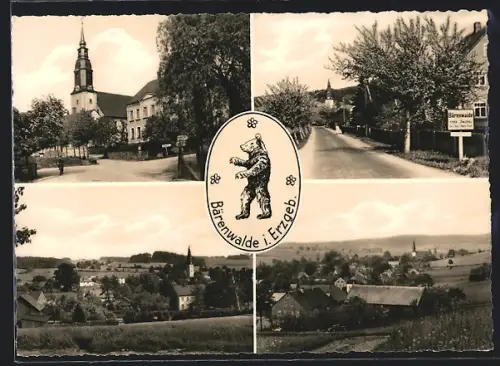 AK Bärenwalde i. Erzgeb., Ortsansichten, Strasse mit Ortsschild, Bär