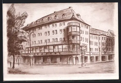 Künstler-AK Zwickau, Ringkaffee mit Strasse