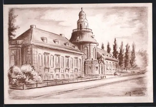 Künstler-AK Zwickau, Museum mit Strasse