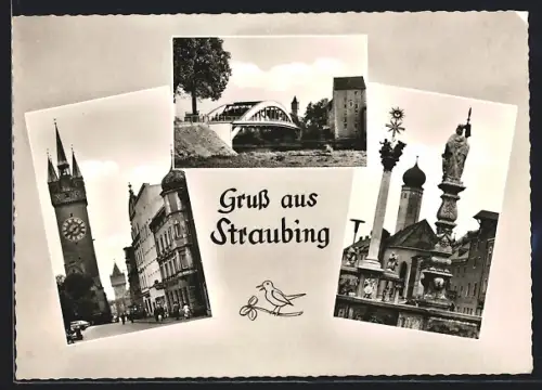 AK Straubing, Brücke, Strassenpartie mit Türmen, Säulendenkmäler u. Kirche