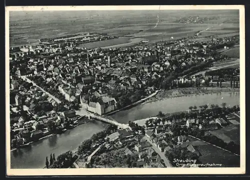 AK Straubing, Orig.-Fliegeraufnahme, Totale mit Donau
