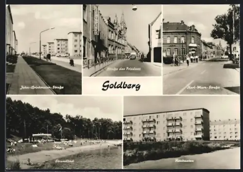 AK Goldberg / Mecklenburg, Strandbad, Neubauten, Strasse des Friedens mit Kino