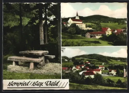 AK Bernried / Ndb., Steinerne Bänke mit Tisch, Ortsansicht