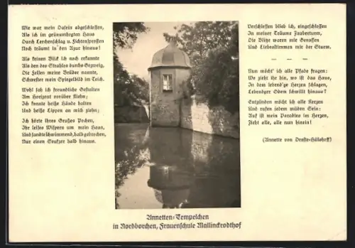 AK Nordborchen, Frauenschule Mallinckrodthof, Annetten-Tempelchen, Gedicht Droste-Hülshoff