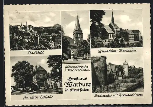 AK Warburg i. W., Stadtmauer mit Biermanns Turm, Altes Rathaus, Ortsansicht