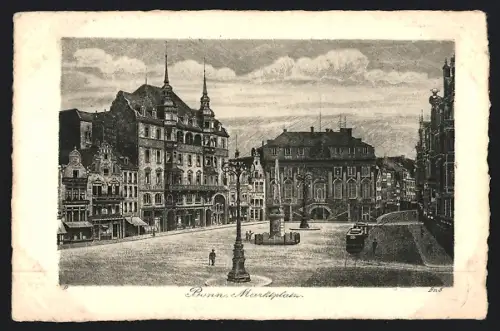 Künstler-AK Bonn, Marktplatz mit Strassenbahn