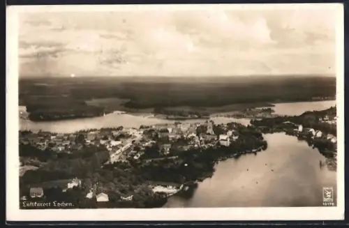 AK Lychen, Fliegeraufnahme mit Hauptstrasse und Stadtsee