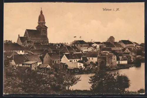 AK Waren i. M., Teilansicht aus der Vogelschau