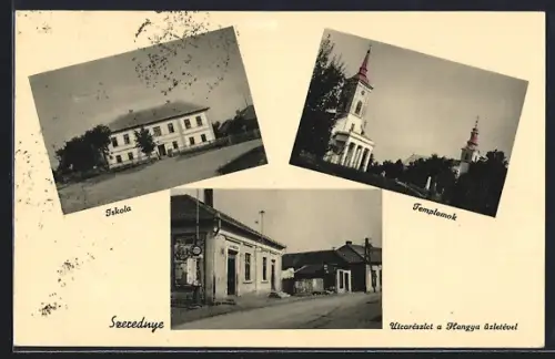 AK Szerednye, Iskola, Templomok, Utcarészlet a Hangya üzletével