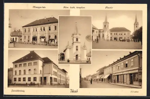 AK Técsö, Fö-utca, Piactér, Róm. kath. templom, Hangya-ház