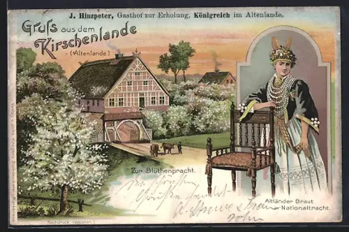 Lithographie Altenlande, Gasthaus zur Erholung J. Hinzpeter, Blütenpracht, Altländer Braut in Nationaltracht