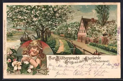 Lithographie Jork, Blütenpracht, Fachwerkhaus, Obstbäume, Kirschenland
