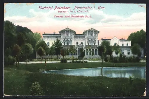 AK Neukloster i. Han., Kurhotel Paterborn, Besitzer Fr. K. Köhling, Teich