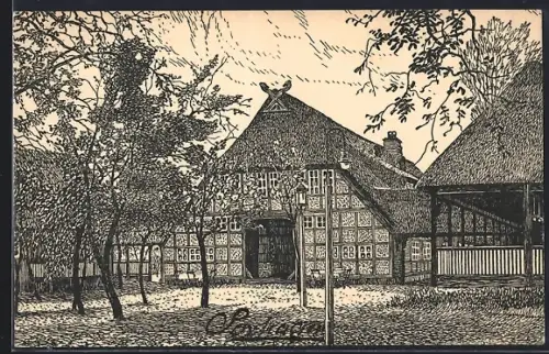 AK Stade, Inselhaus, Fachwerkhaus, Reetdach