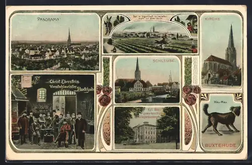 Lithographie Buxtehude, Panorama, Kirche, Schleuse, Christ. Eberstein Vorstahlmeister, Kol. Baugewerksschule