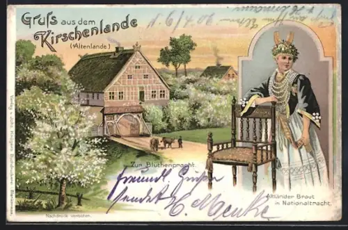 Lithographie Jork, Blütenpracht, Altländer Braut in Nationaltracht, Fachwerkhaus