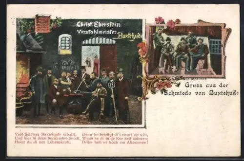 AK Buxtehude, Schmiede von Christ. Eberstein, Vorstahlmeister, Gruppenbild, Innenansicht
