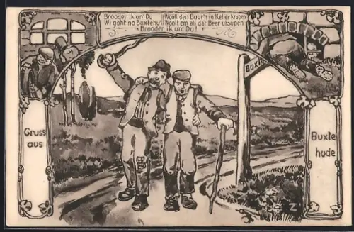 AK Buxtehude, Zwei Bauern auf dem Weg, Wegweiser, humoristische Szene