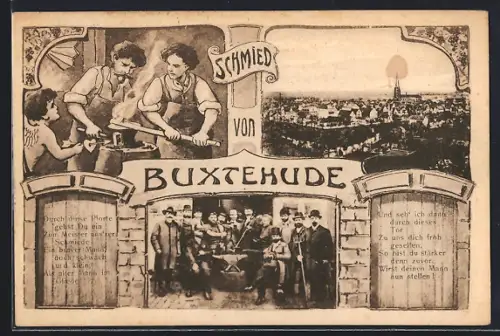 AK Buxtehude, Schmied, Stadtansicht, Schmiedegesellen