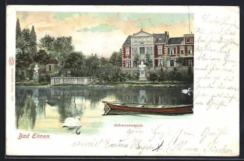 Lithographie Bad Elmen, Schwanenteich, Villa, Büsten