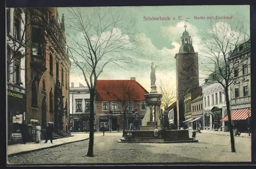 AK Schönebeck a. E., Markt mit Denkmal