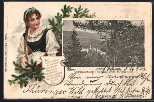 Lithographie Schwarzburg, Ansicht des Schlosses vom Helenensitz