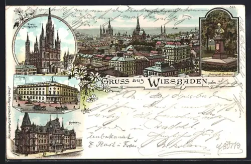 Lithographie Wiesbaden, Marktkirche, Schloss, Kriegerdenkmal, Rathaus