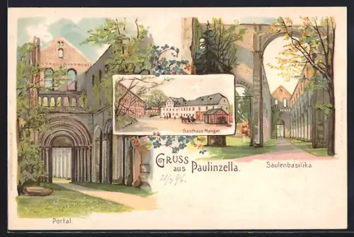 Lithographie Paulinzella, Säulenbasilika, Portal, Gasthaus Menger