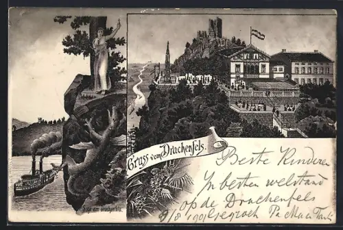 Lithographie Drachenfels, Burgruine, Drachenfelsbahn, Rheinansicht mit Dampfschiff