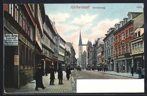 AK Halberstadt, Breiteweg, Strassenszene, Kirche