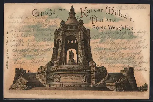 Lithographie Porta Westfalica, Kaiser Wilhelm-Denkmal