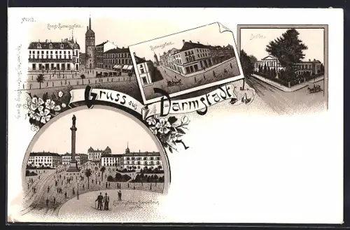 Lithographie Darmstadt, Ernst-Ludwigsplatz, Luisenplatz, Garten