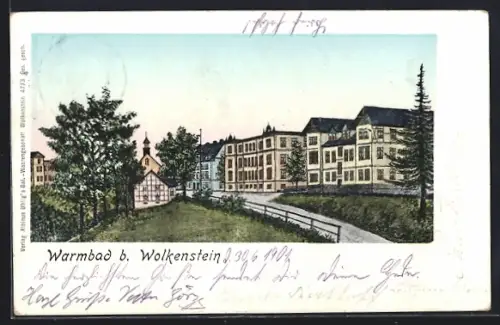 Lithographie Warmbad b. Wolkenstein, Kurhaus, Kirche, Parkanlage