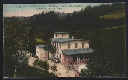 AK Scharfenstein / Erzgeb., Restaurant Erholung Grund, Inh. Franz Rudolph