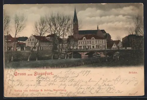 AK Stassfurt, Brücke, Kirche, Stadtansicht