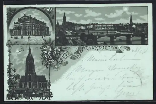 Lithographie Frankfurt a. M., Opernhaus, Dom, Mainbrücke