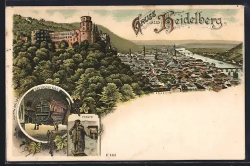 Lithographie Heidelberg, Schloss, Altstadt, Das grosse Fass, Perkeo